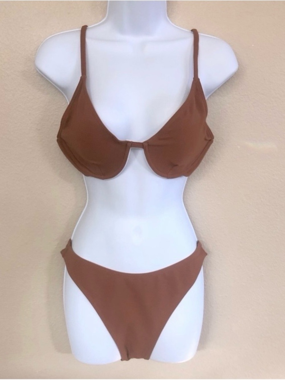Zaful Chestnut Texturized Underwire Strappy Tie back High Cut Bikini Set Size M